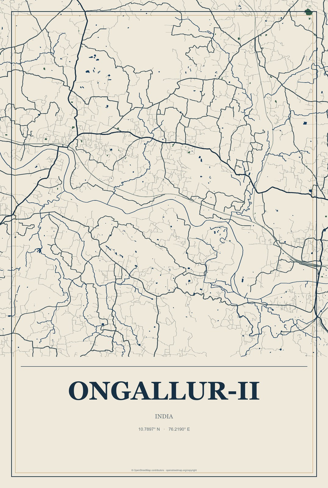 Ongallur-II, India City Map Aluminum Sign in Coastal Cutout style
