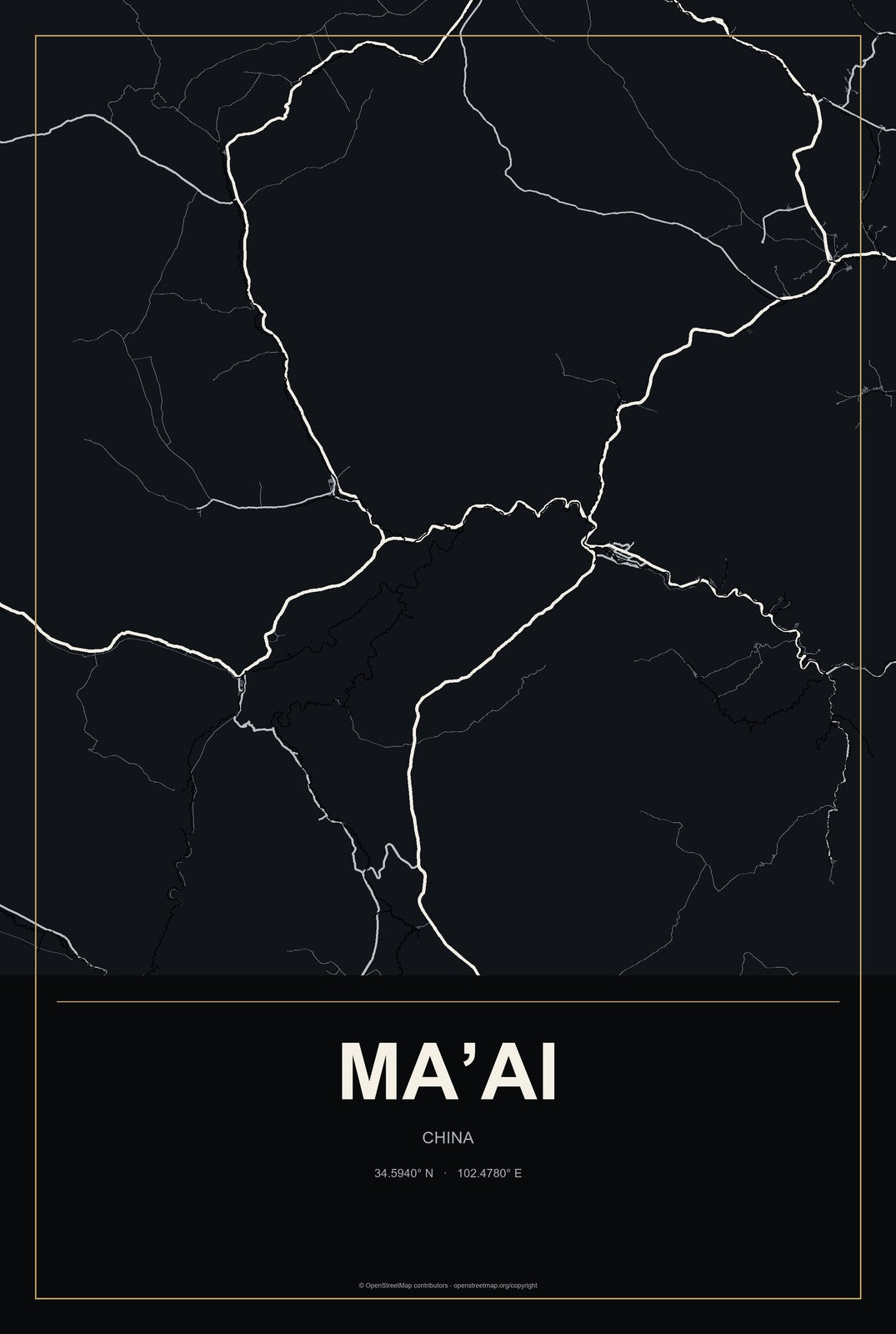 Ma’ai, China City Map Aluminum Sign in Metropolitan Noir style