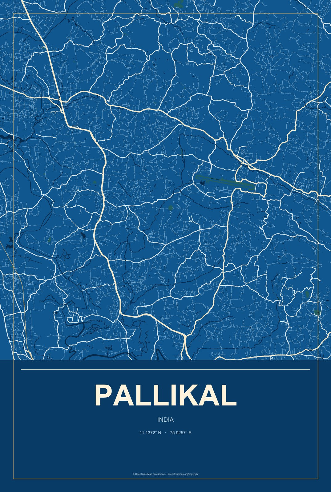 Pallikal, India City Map Aluminum Sign in Harbor Cobalt style