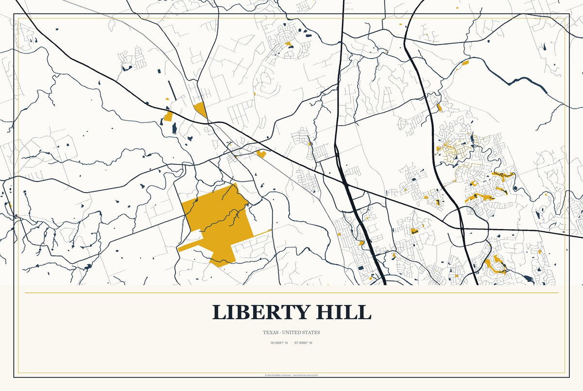 Liberty Hill, Texas City Map Aluminum Sign in Citrine Modern style