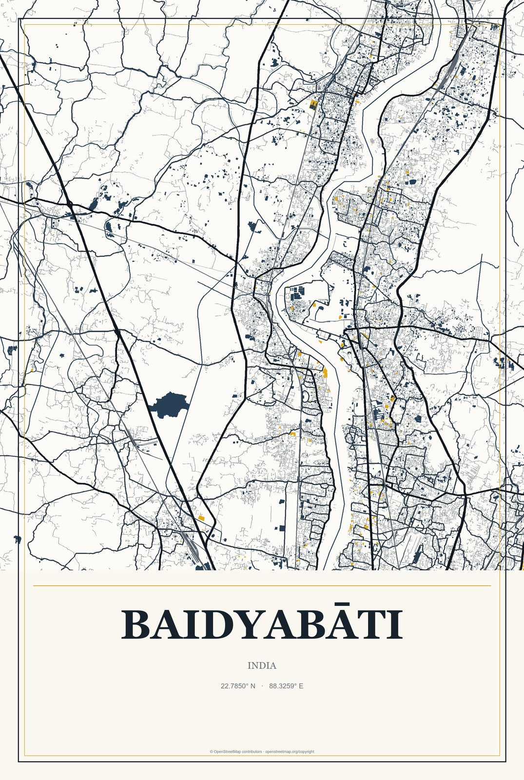 Baidyabāti, India City Map Aluminum Sign in Citrine Modern style