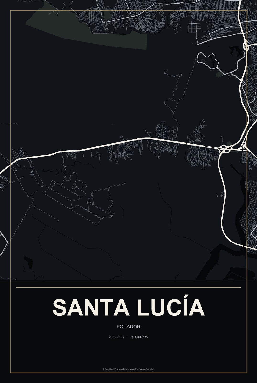 Santa Lucía, Ecuador City Map Aluminum Sign in Metropolitan Noir style