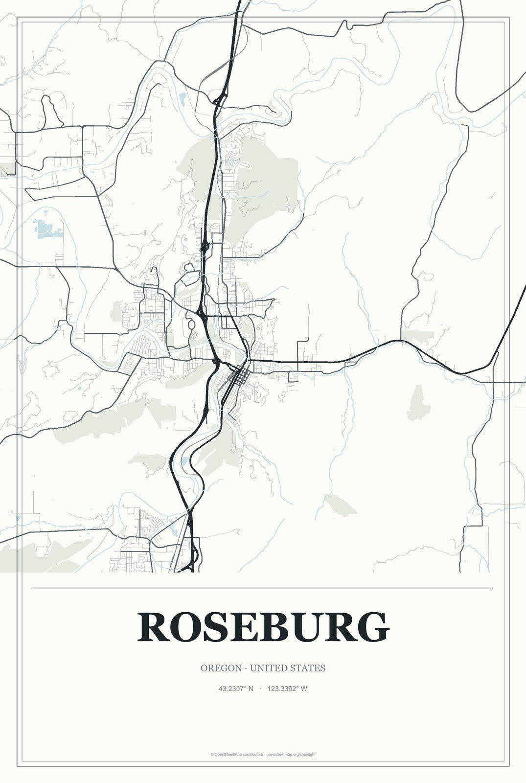 Roseburg, Oregon City Map Aluminum Sign in Gallery Air style