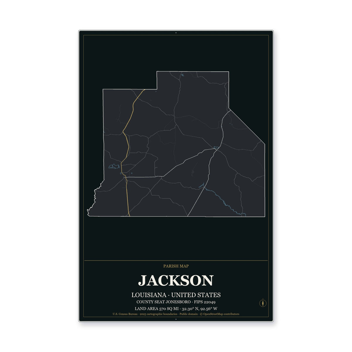 Jackson Parish, Louisiana Map Aluminum Sign in Metropolitan Noir style