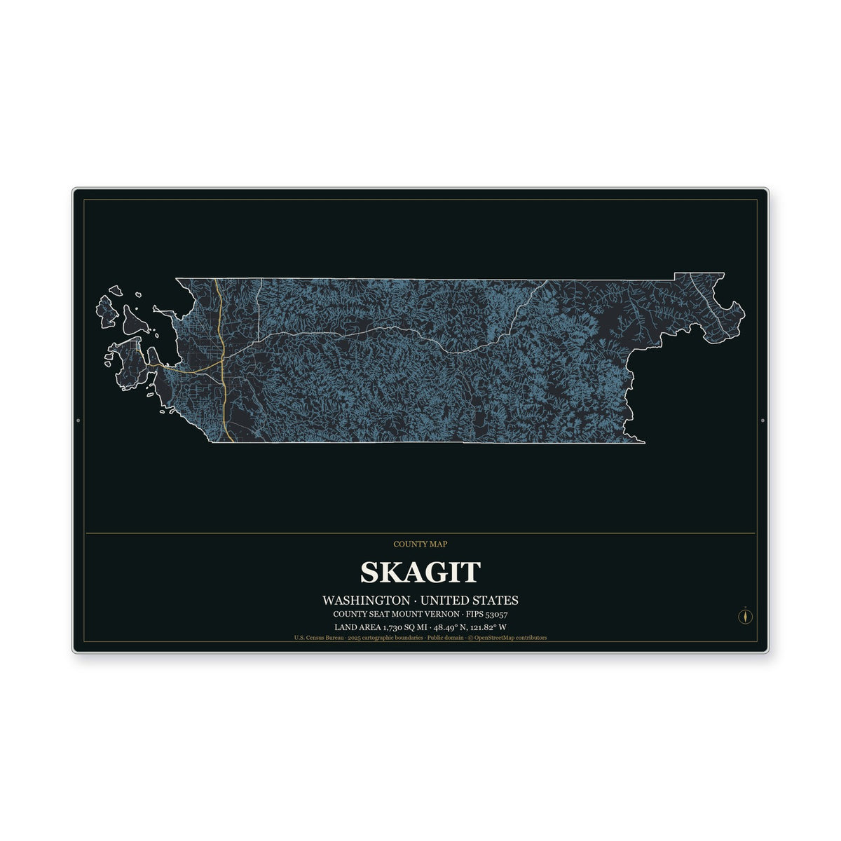 Skagit County, Washington Map Aluminum Sign in Metropolitan Noir style