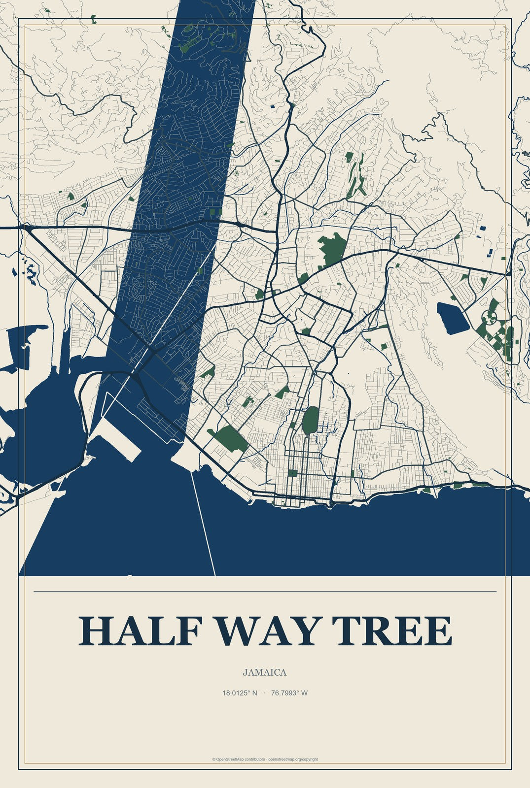 Half Way Tree, Jamaica City Map Aluminum Sign in Coastal Cutout style