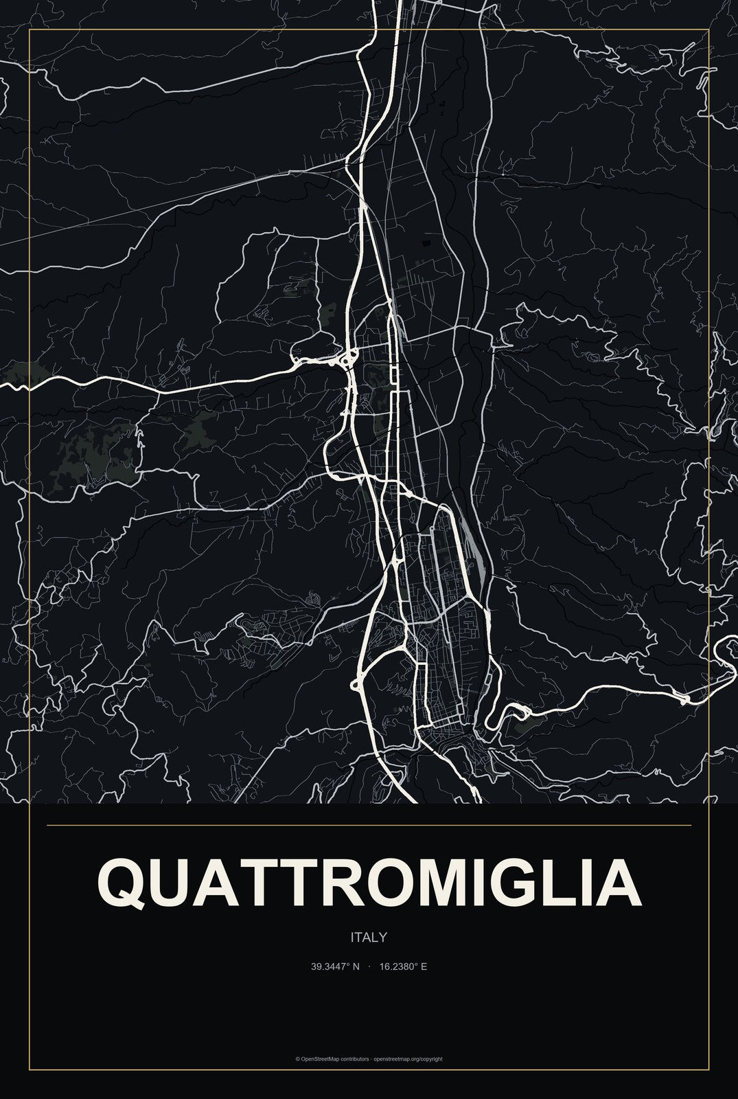 Quattromiglia, Italy City Map Aluminum Sign in Metropolitan Noir style