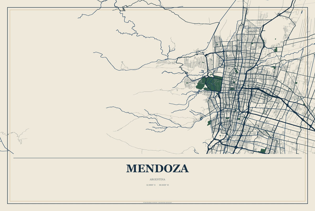 Mendoza, Argentina City Map Aluminum Sign in Coastal Cutout style