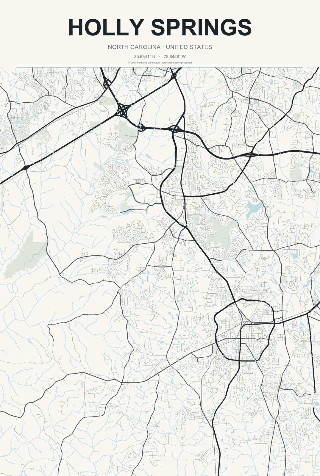 Holly Springs, North Carolina City Map Aluminum Sign in Headline Atlas style