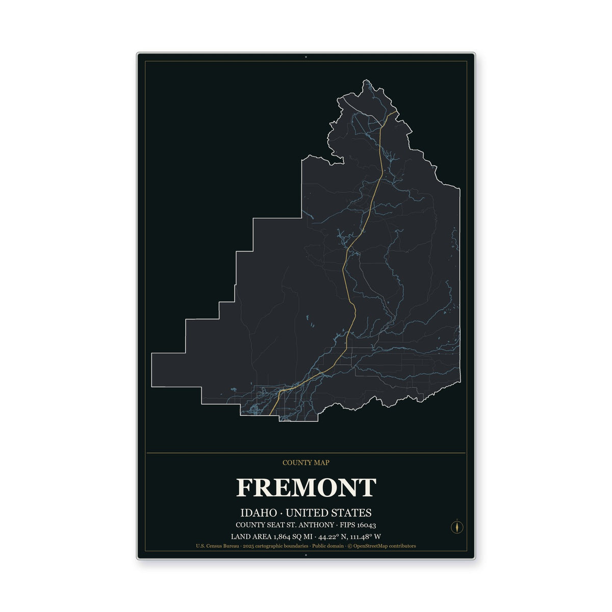 Fremont County, Idaho Map Aluminum Sign in Metropolitan Noir style