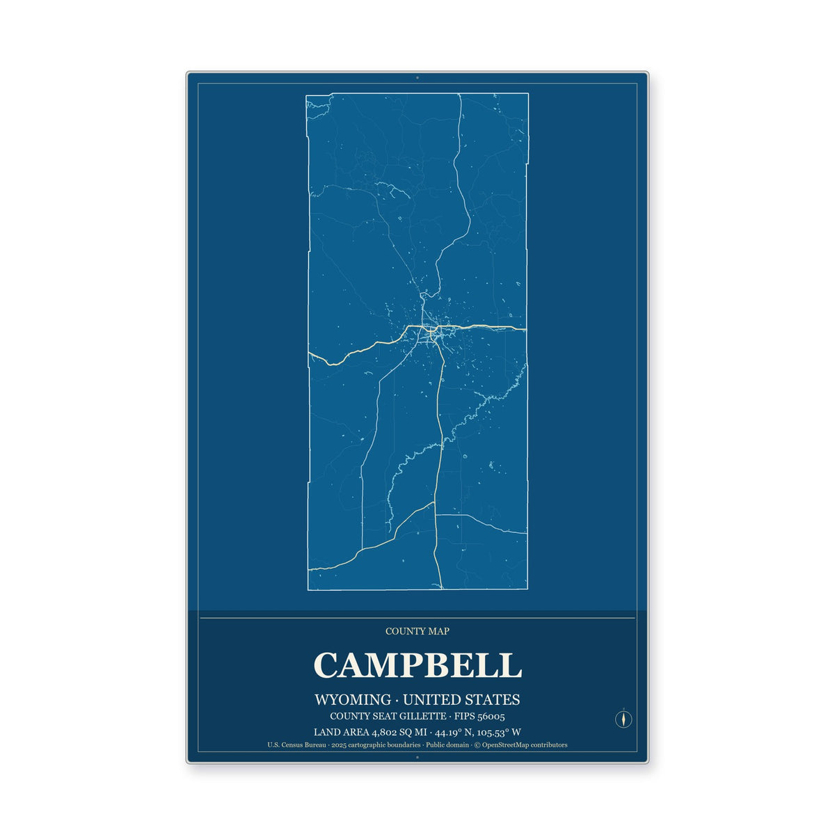 Campbell County, Wyoming Map Aluminum Sign in Harbor Cobalt style