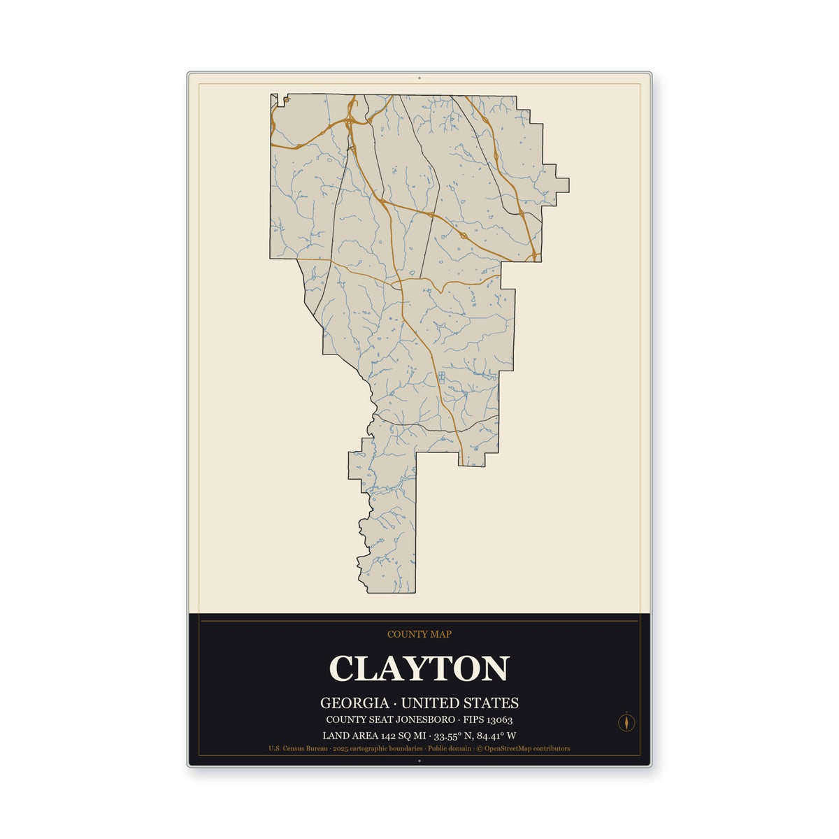 Clayton County, Georgia Map Aluminum Sign in Museum Plaque style