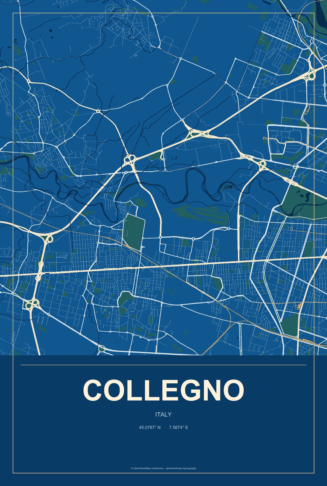 Collegno, Italy City Map Aluminum Sign in Harbor Cobalt style