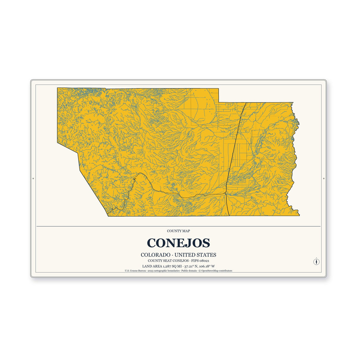 Conejos County, Colorado Map Aluminum Sign in Citrine Modern style