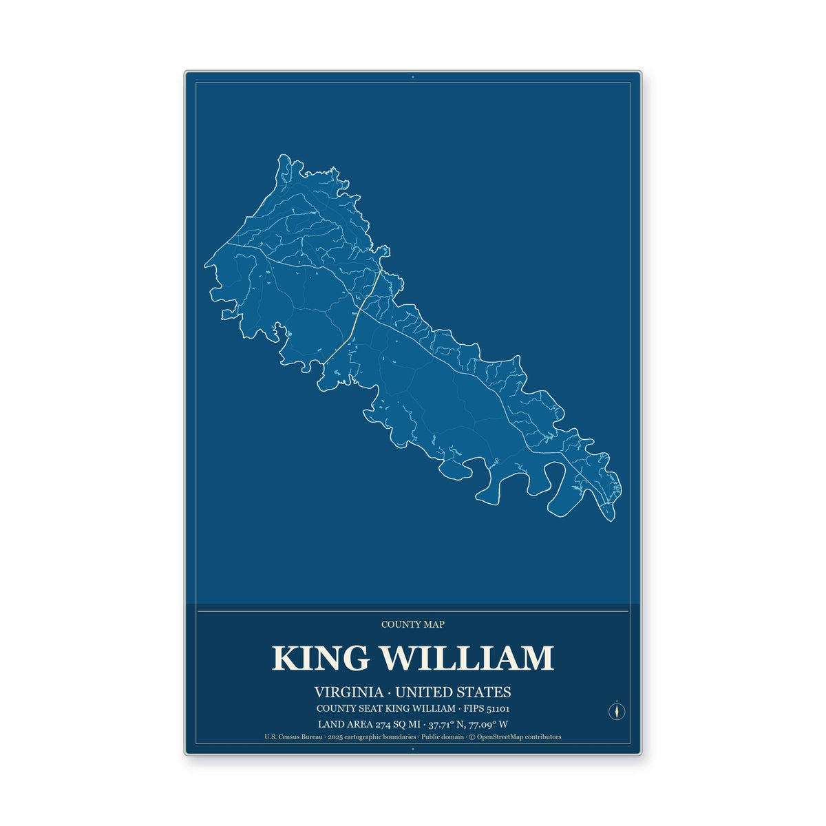 King William County, Virginia Map Aluminum Sign in Harbor Cobalt style