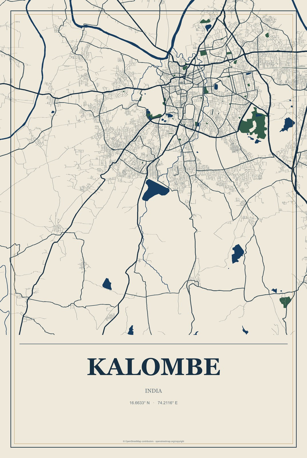 Kalombe, India City Map Aluminum Sign in Coastal Cutout style