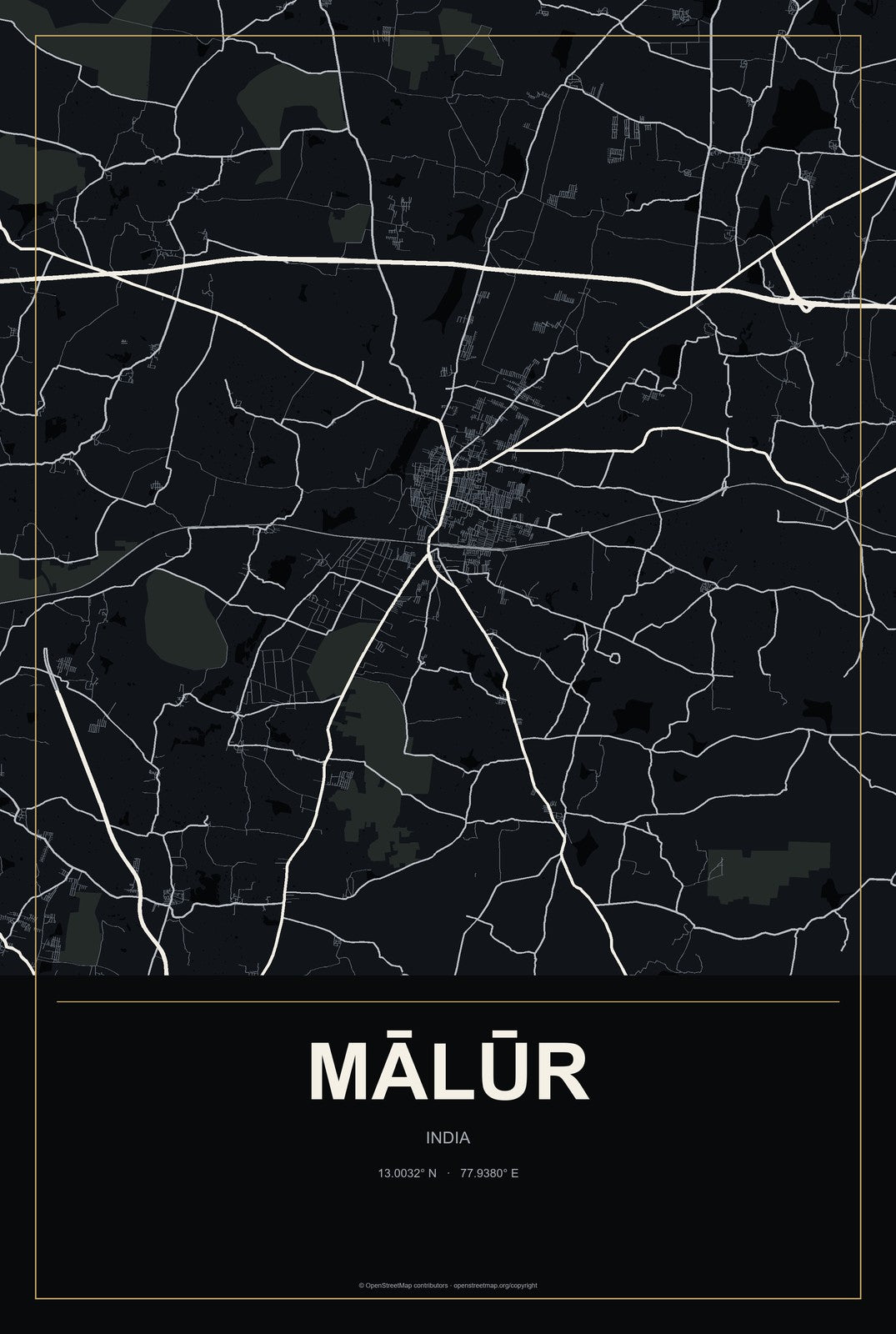 Mālūr, India City Map Aluminum Sign in Metropolitan Noir style