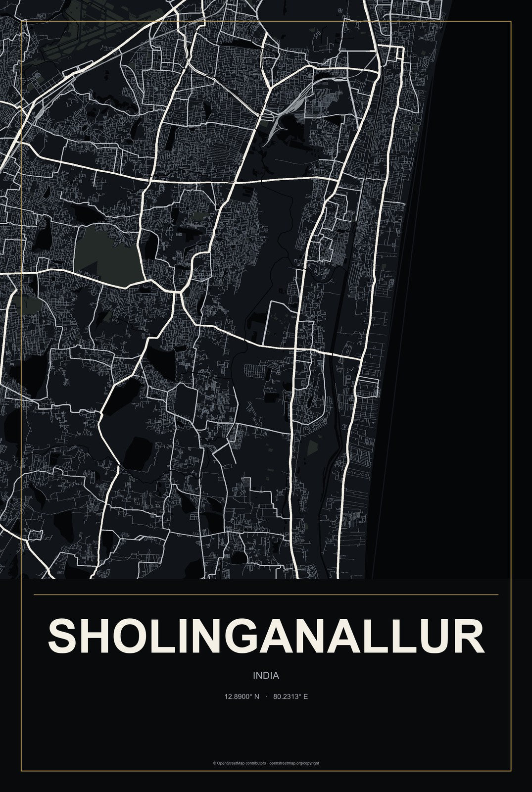 Sholinganallur, India City Map Aluminum Sign in Metropolitan Noir style
