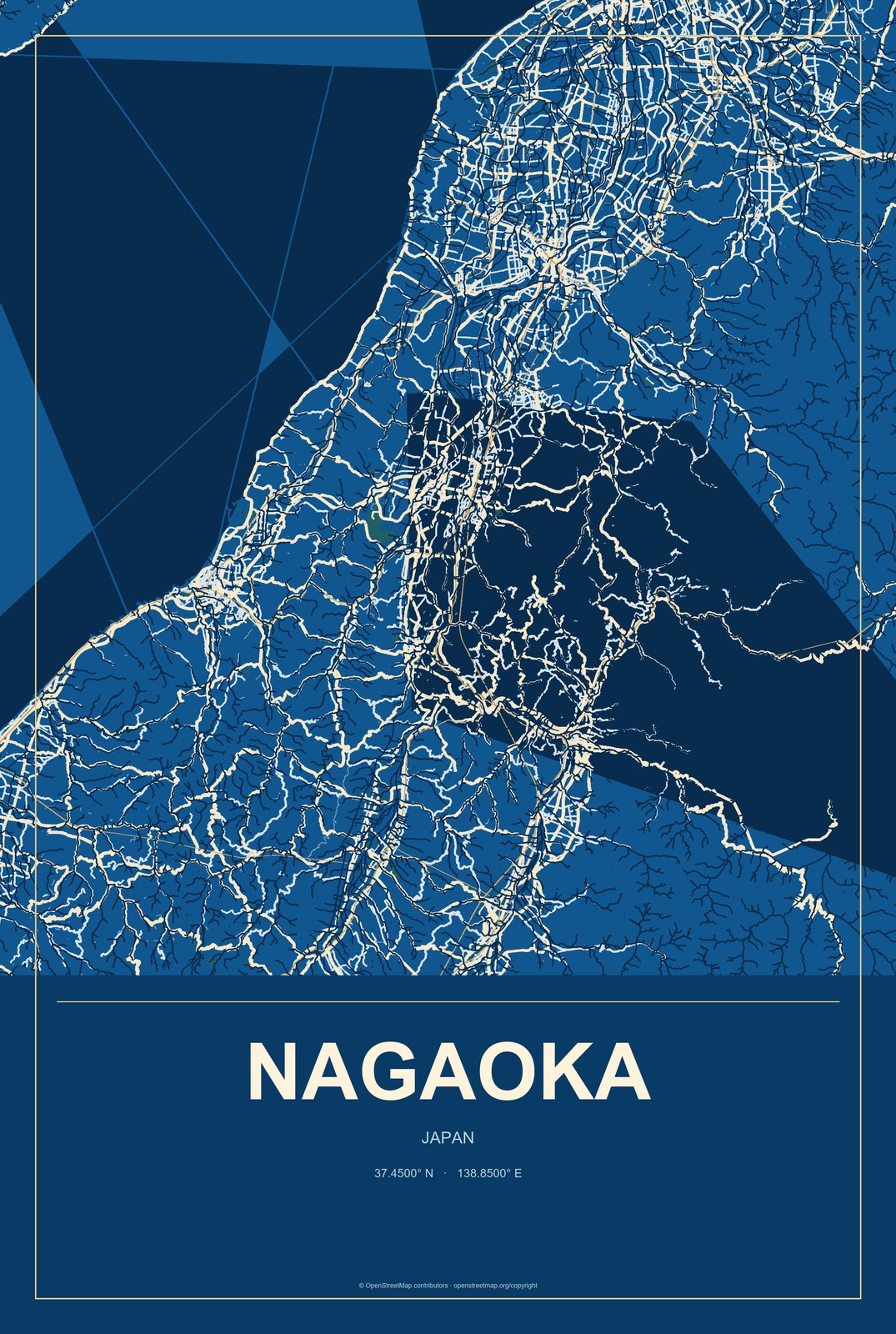 Nagaoka, Japan City Map Aluminum Sign in Harbor Cobalt style