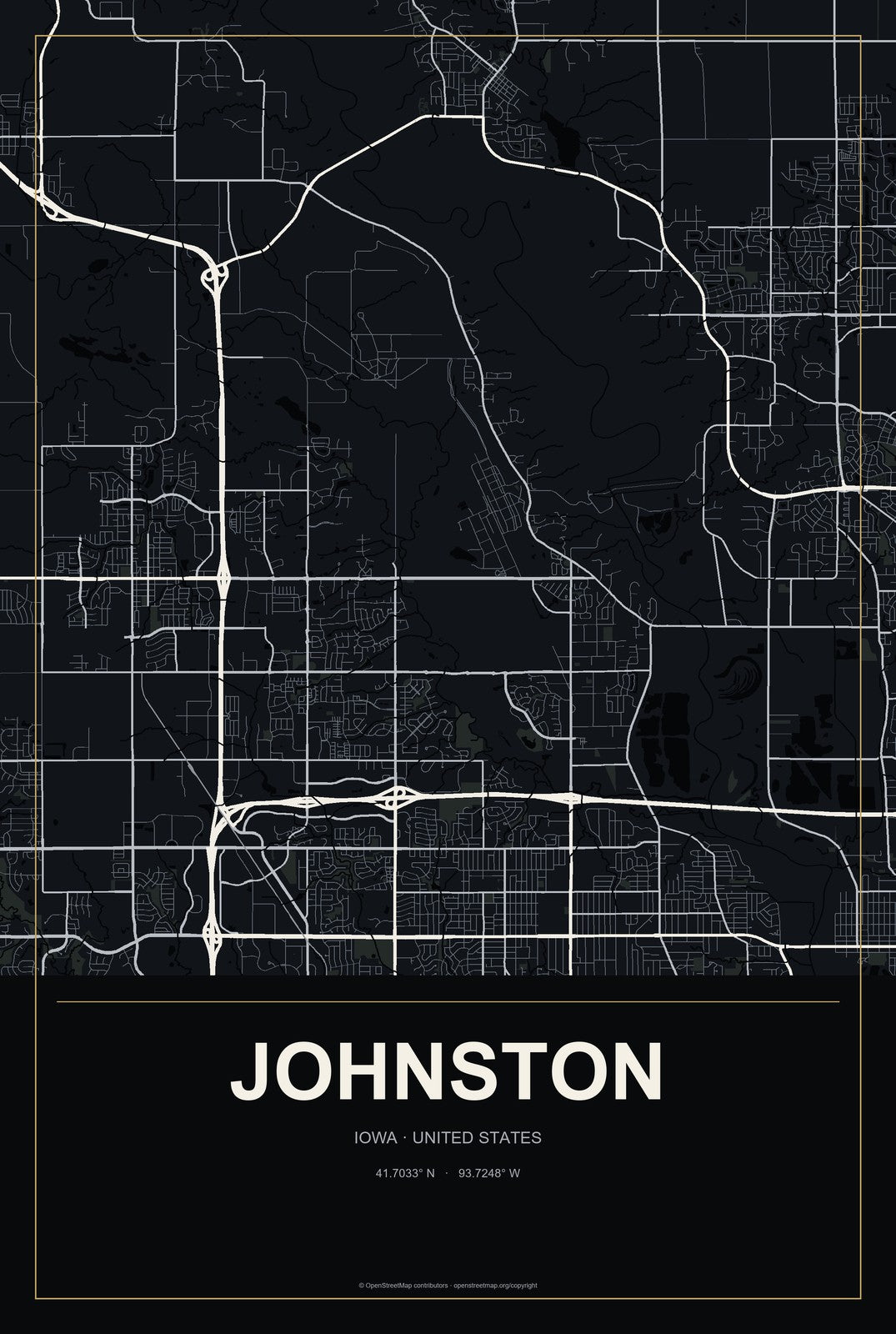 Johnston, Iowa City Map Aluminum Sign in Metropolitan Noir style