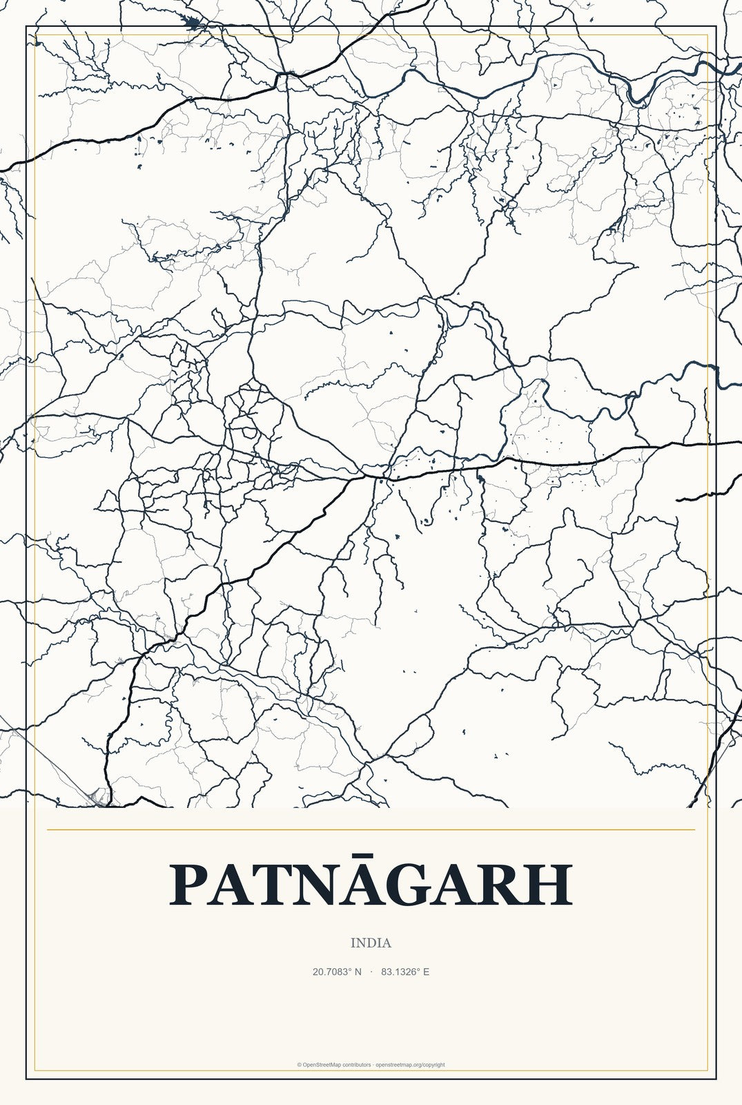 Patnāgarh, India City Map Aluminum Sign in Citrine Modern style