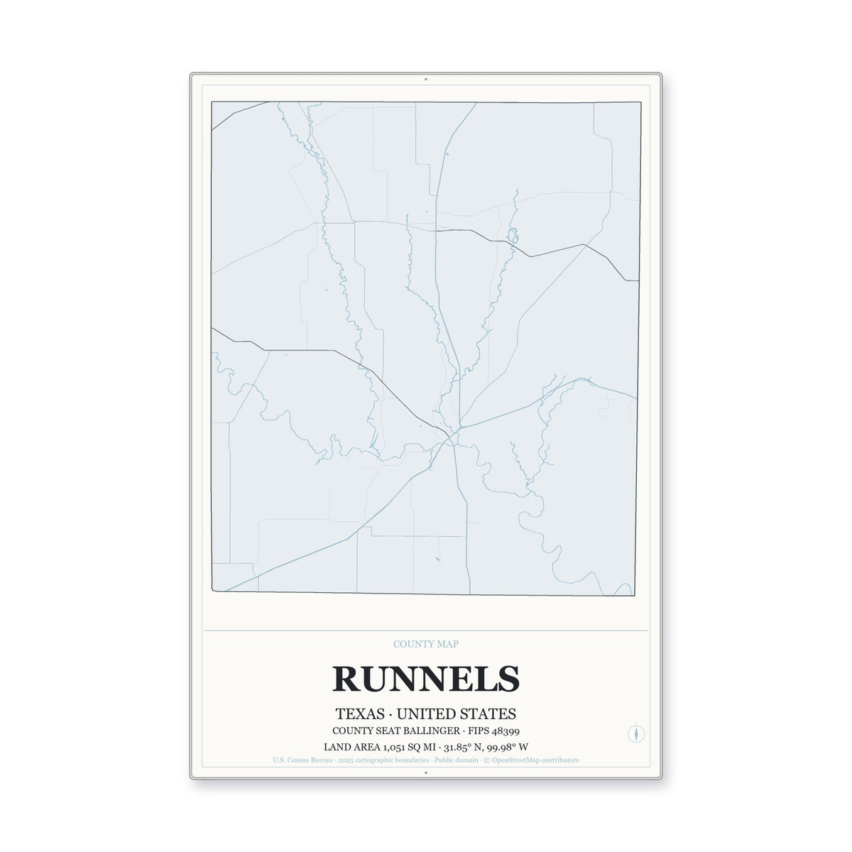 Runnels County, Texas Map Aluminum Sign in Gallery Air style