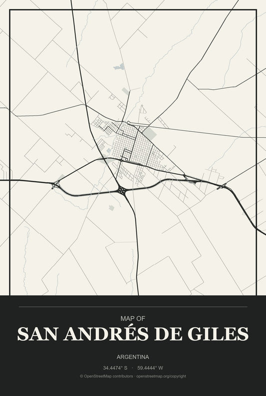 San Andrés de Giles, Argentina City Map Aluminum Sign in Museum Plaque style