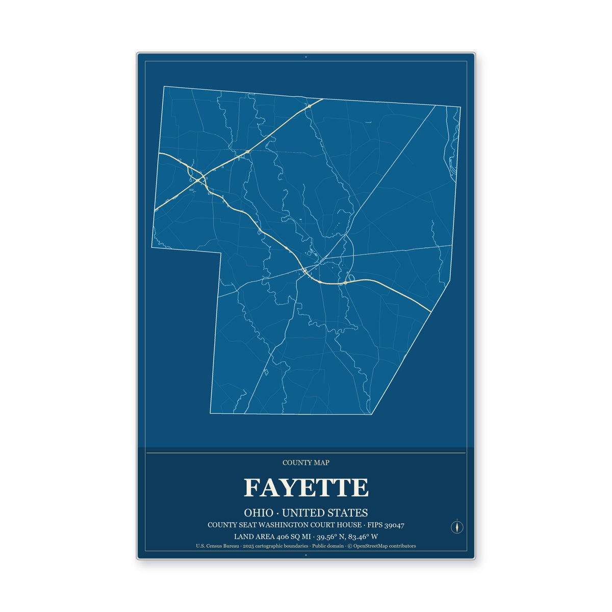 Fayette County, Ohio Map Aluminum Sign in Harbor Cobalt style