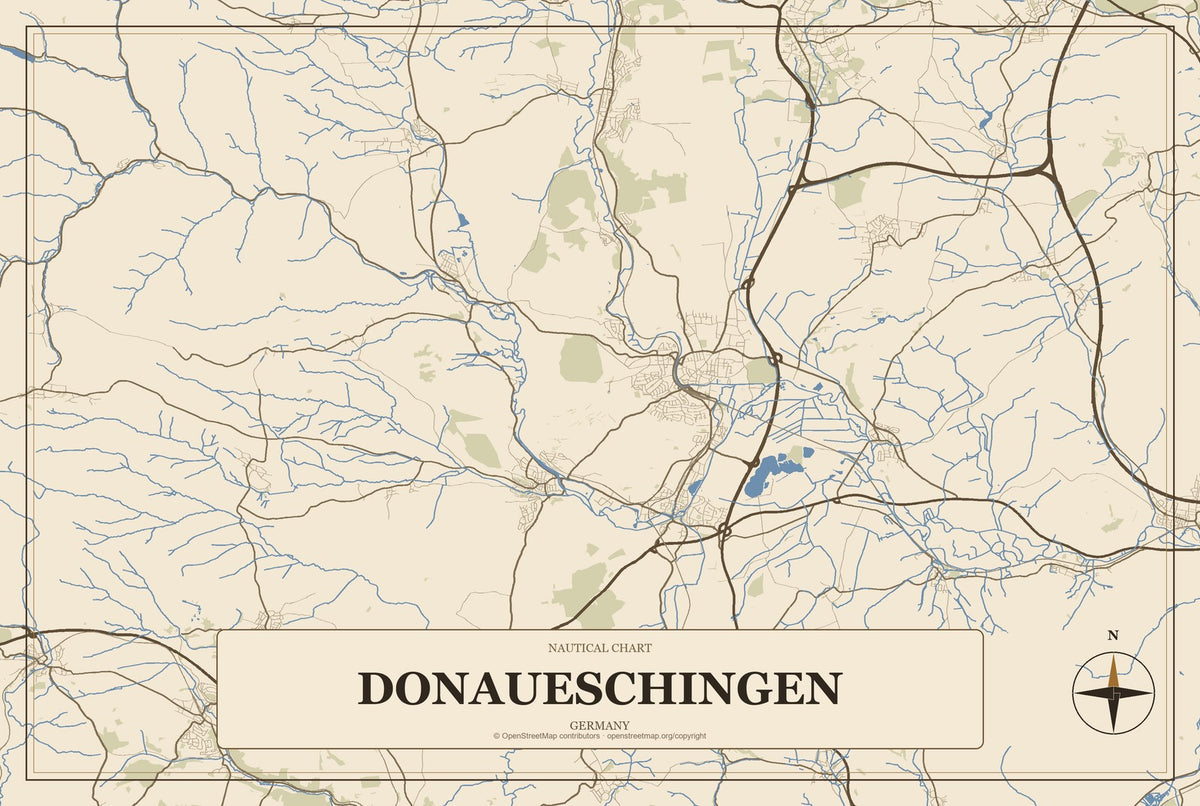 Donaueschingen, Germany City Map Aluminum Sign in Heritage Nautical style
