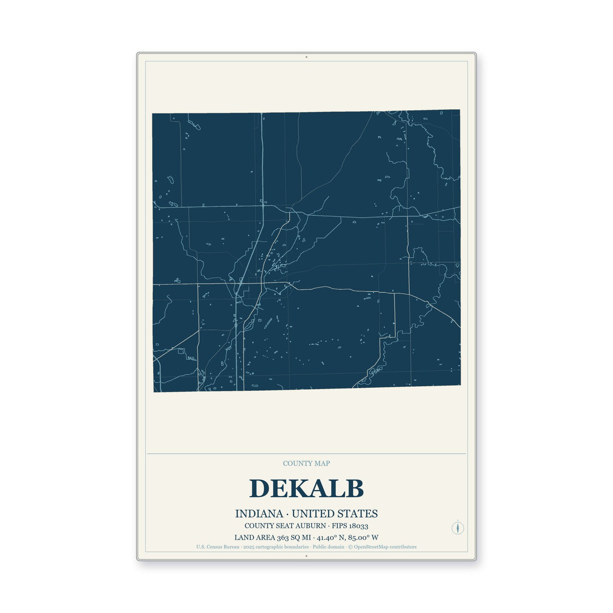 DeKalb County, Indiana Map Aluminum Sign in Coastal Cutout style