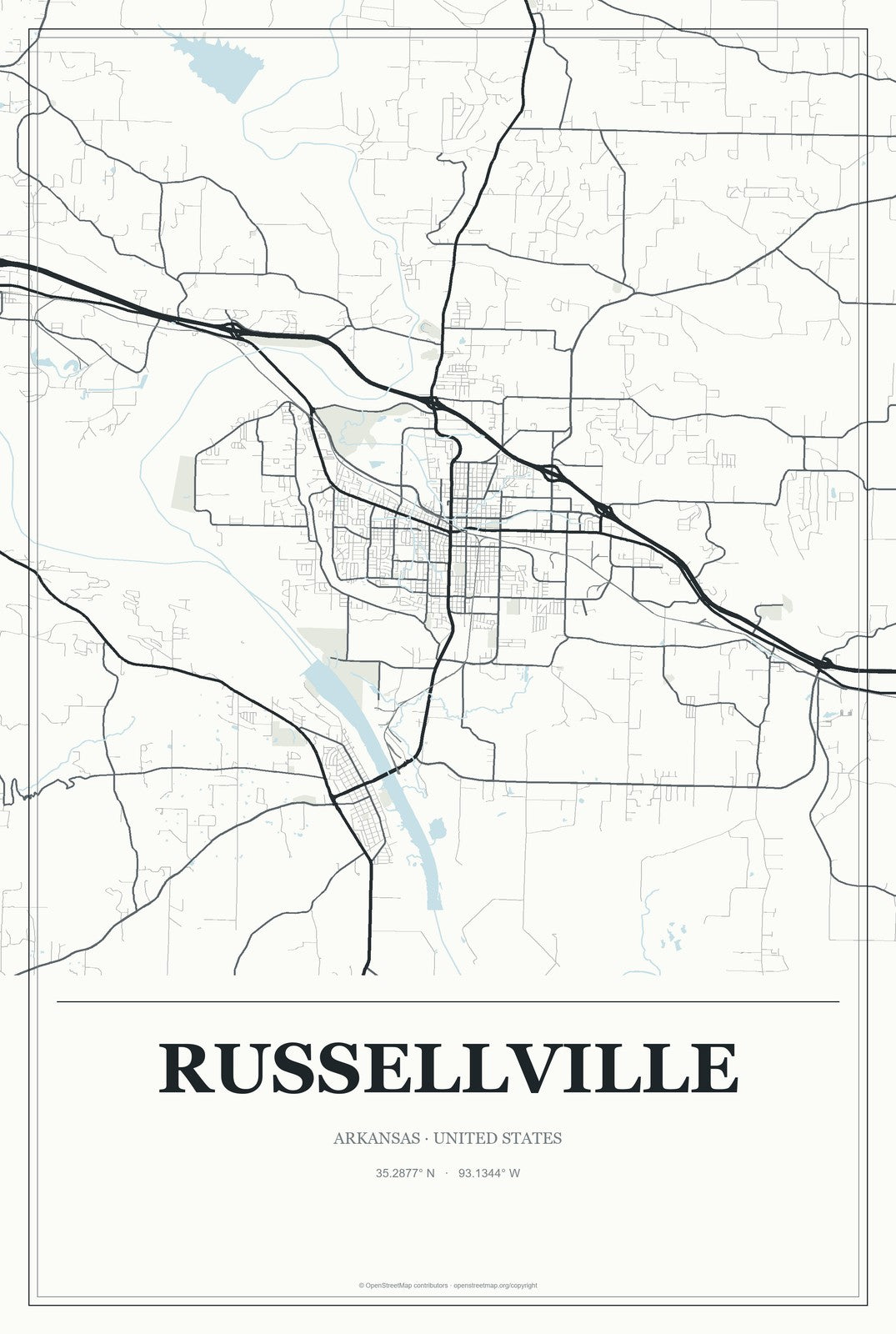 Russellville, Arkansas City Map Aluminum Sign in Gallery Air style