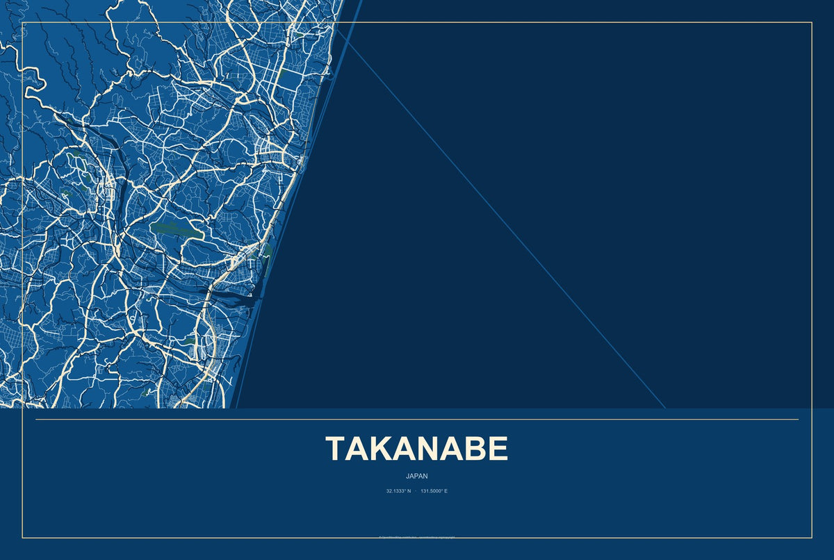 Takanabe, Japan City Map Aluminum Sign in Harbor Cobalt style