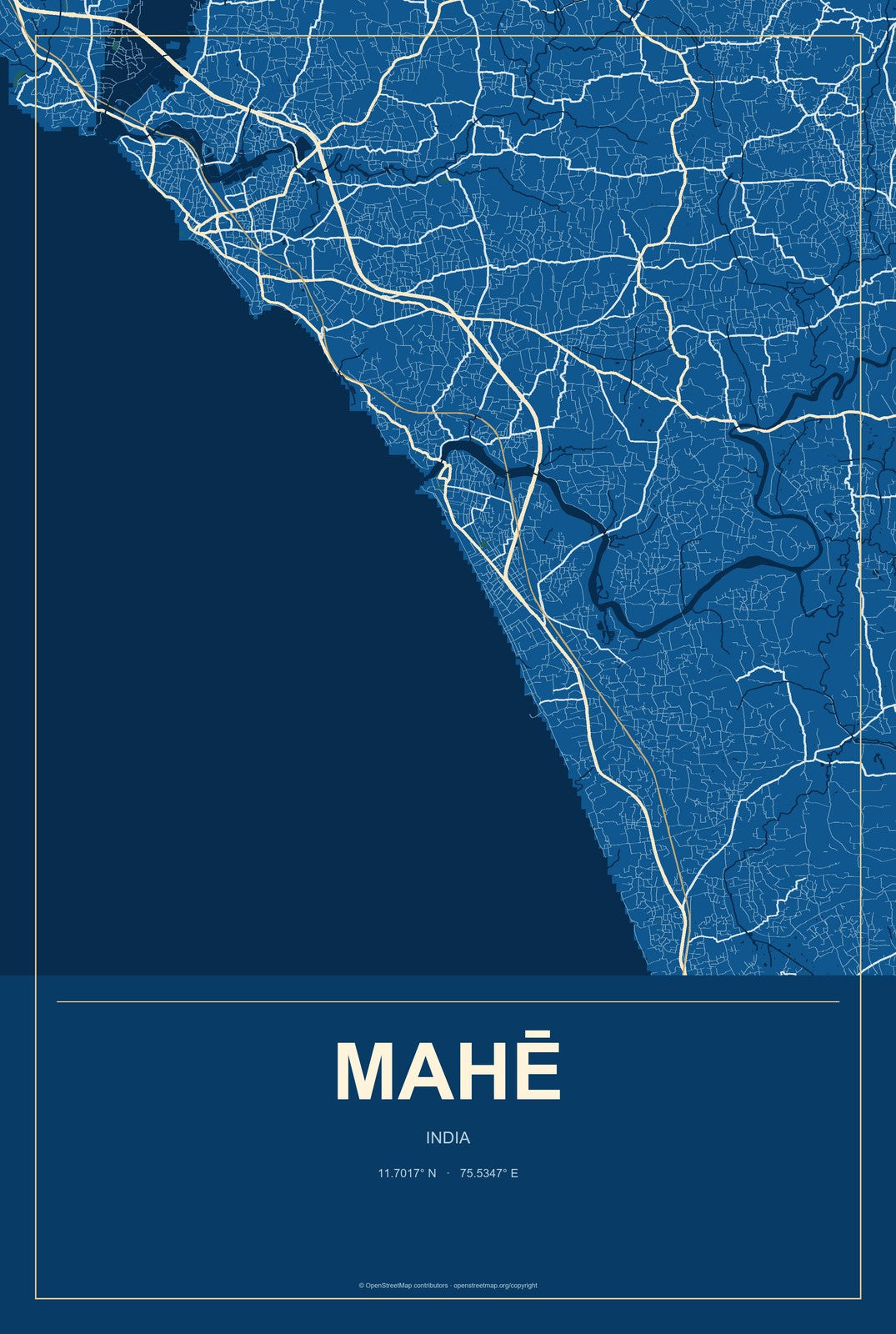 Mahē, India City Map Aluminum Sign in Harbor Cobalt style