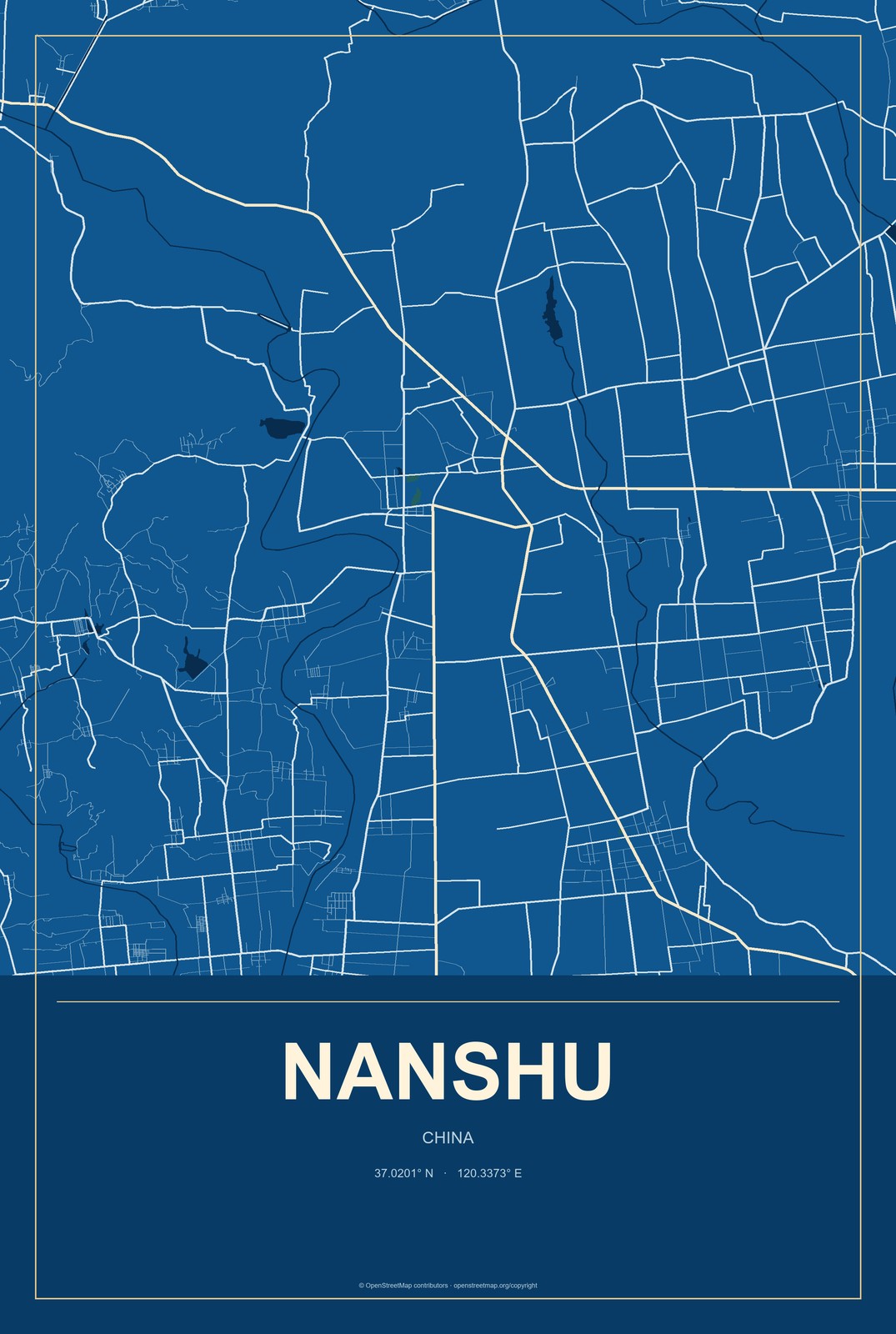 Nanshu, China City Map Aluminum Sign in Harbor Cobalt style