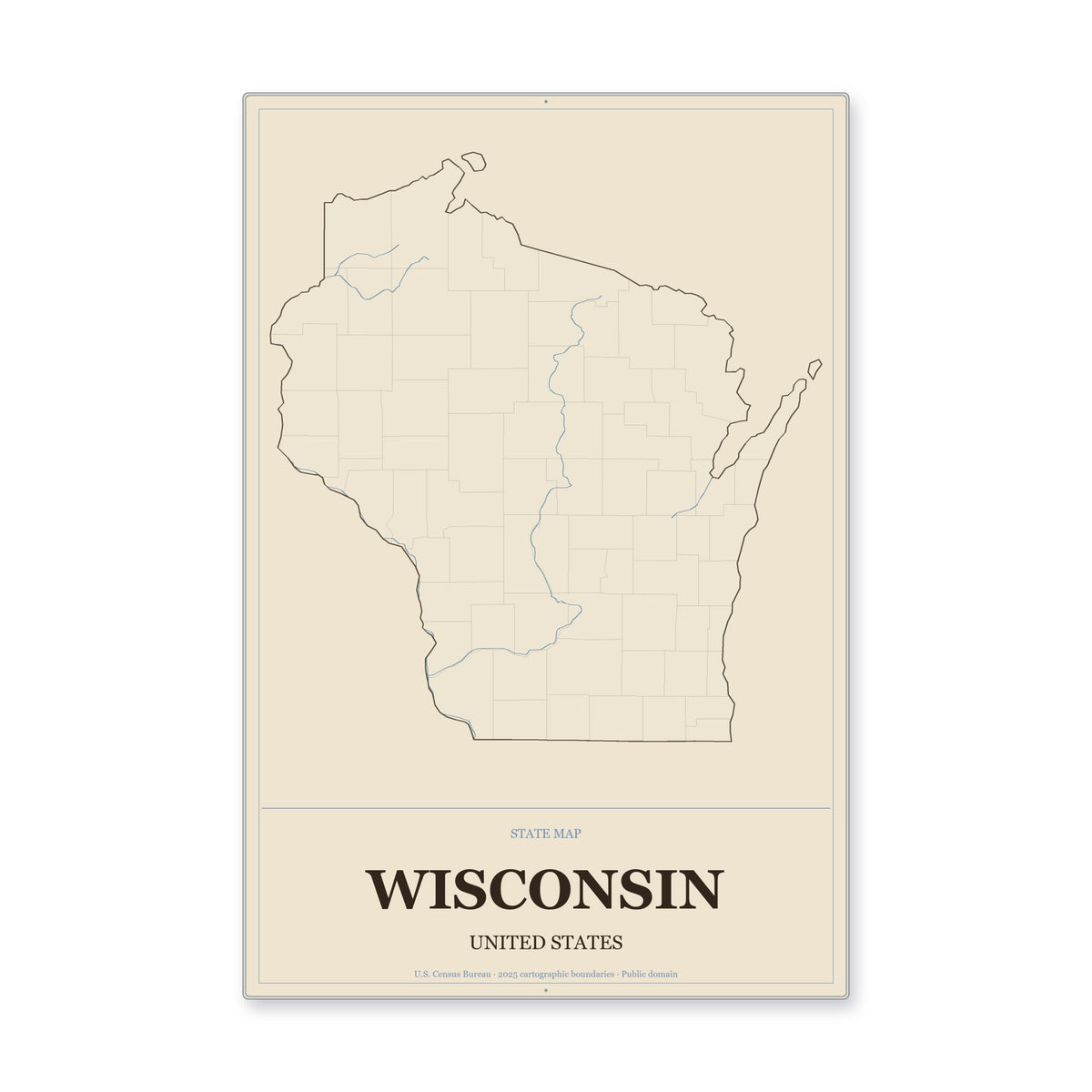 Wisconsin state map aluminum sign in Heritage Nautical style