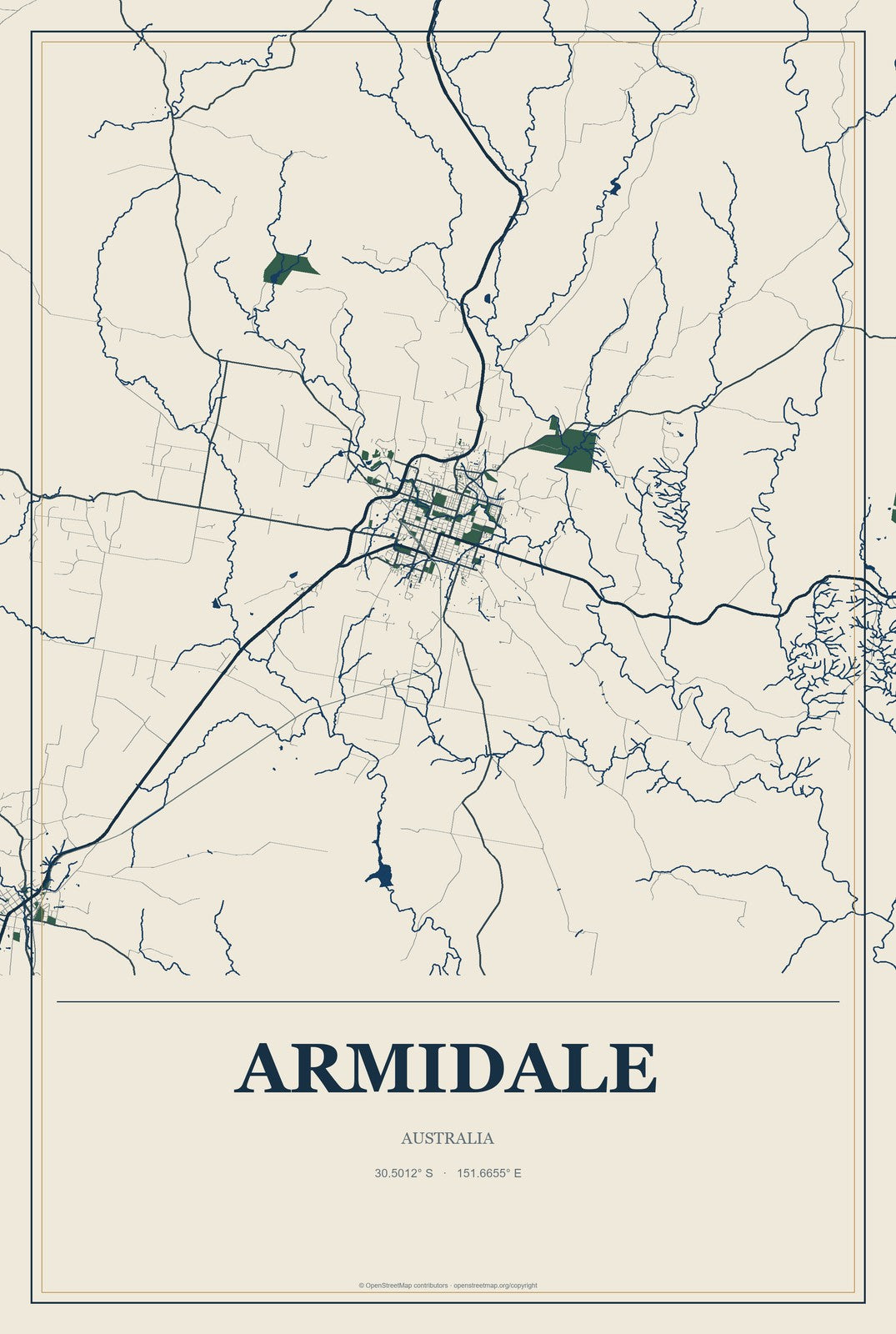 Armidale, Australia City Map Aluminum Sign in Coastal Cutout style