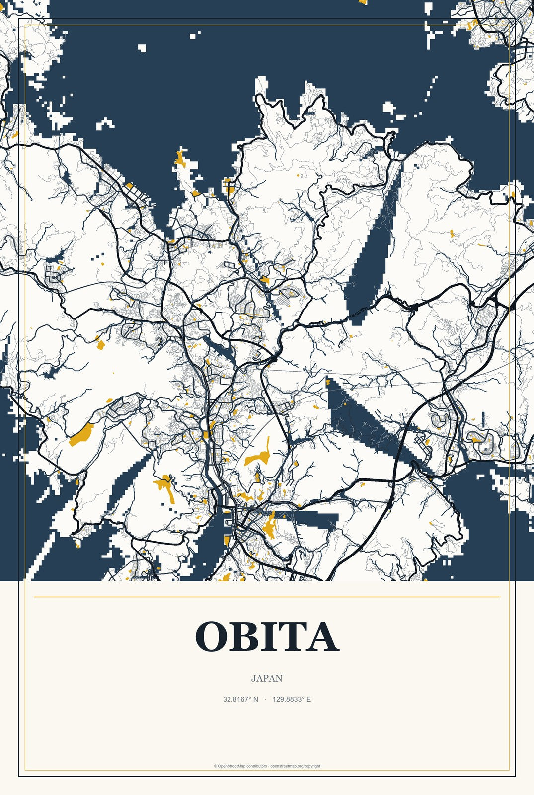 Obita, Japan City Map Aluminum Sign in Citrine Modern style