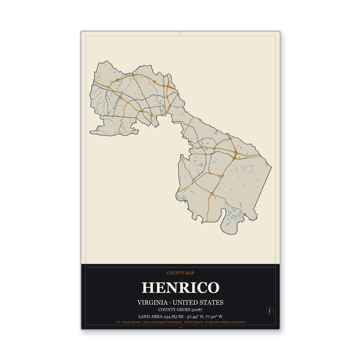 Henrico County, Virginia Map Aluminum Sign in Museum Plaque style
