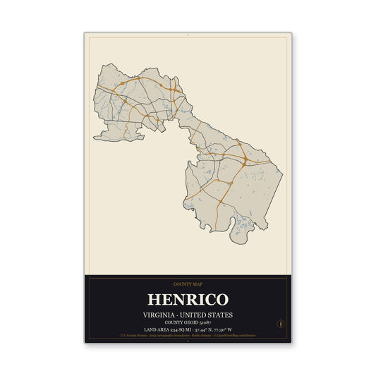 Henrico County, Virginia Map Aluminum Sign in Museum Plaque style