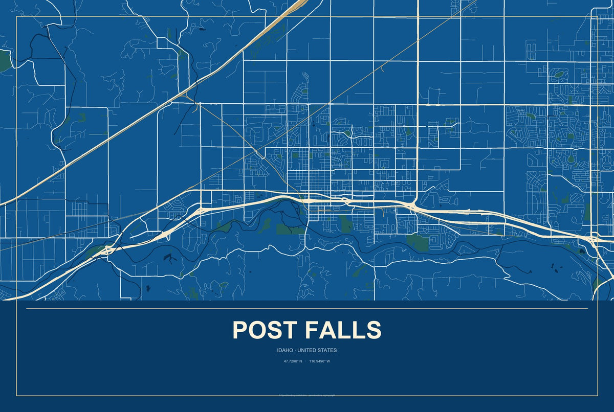 Post Falls, Idaho City Map Aluminum Sign in Harbor Cobalt style