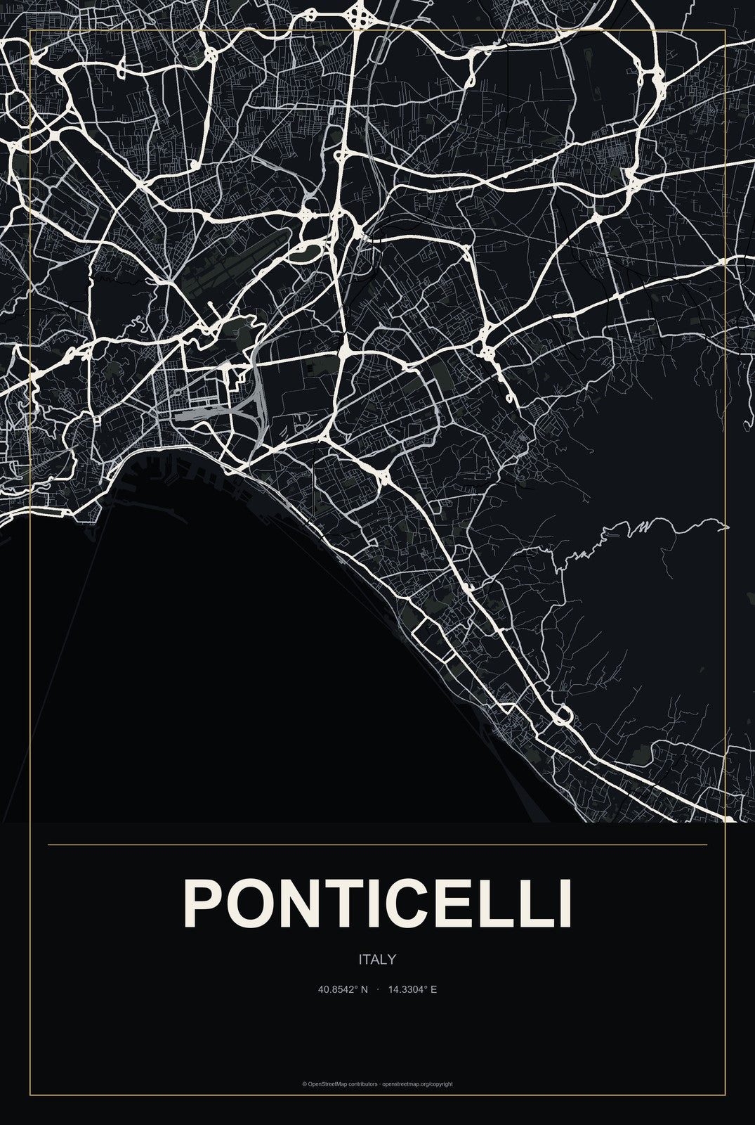 Ponticelli, Italy City Map Aluminum Sign in Metropolitan Noir style
