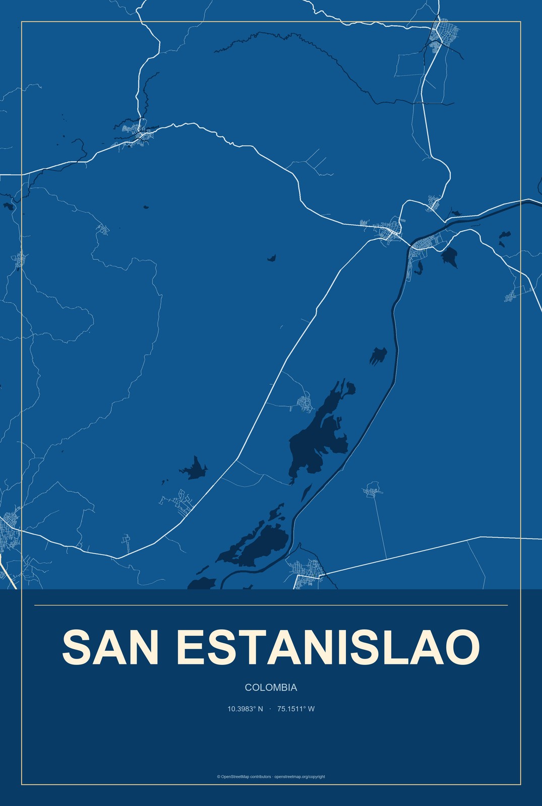 San Estanislao, Colombia City Map Aluminum Sign in Harbor Cobalt style