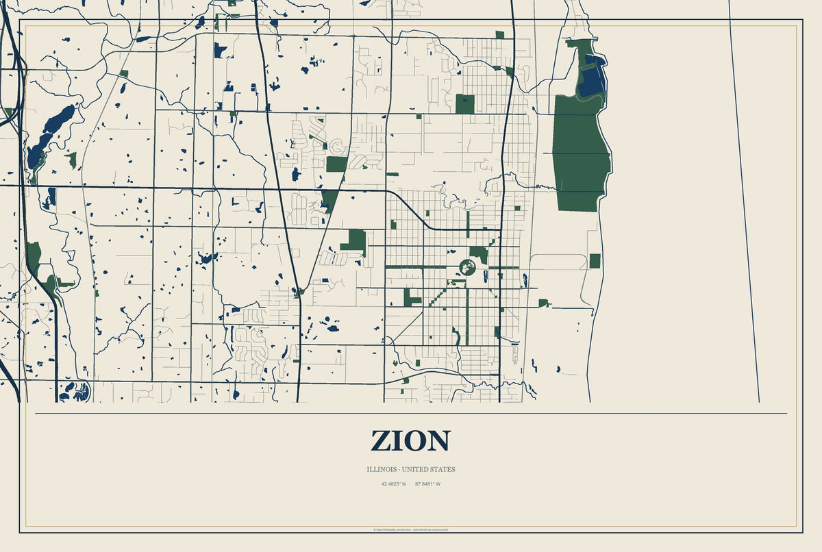 Zion, Illinois City Map Aluminum Sign in Coastal Cutout style