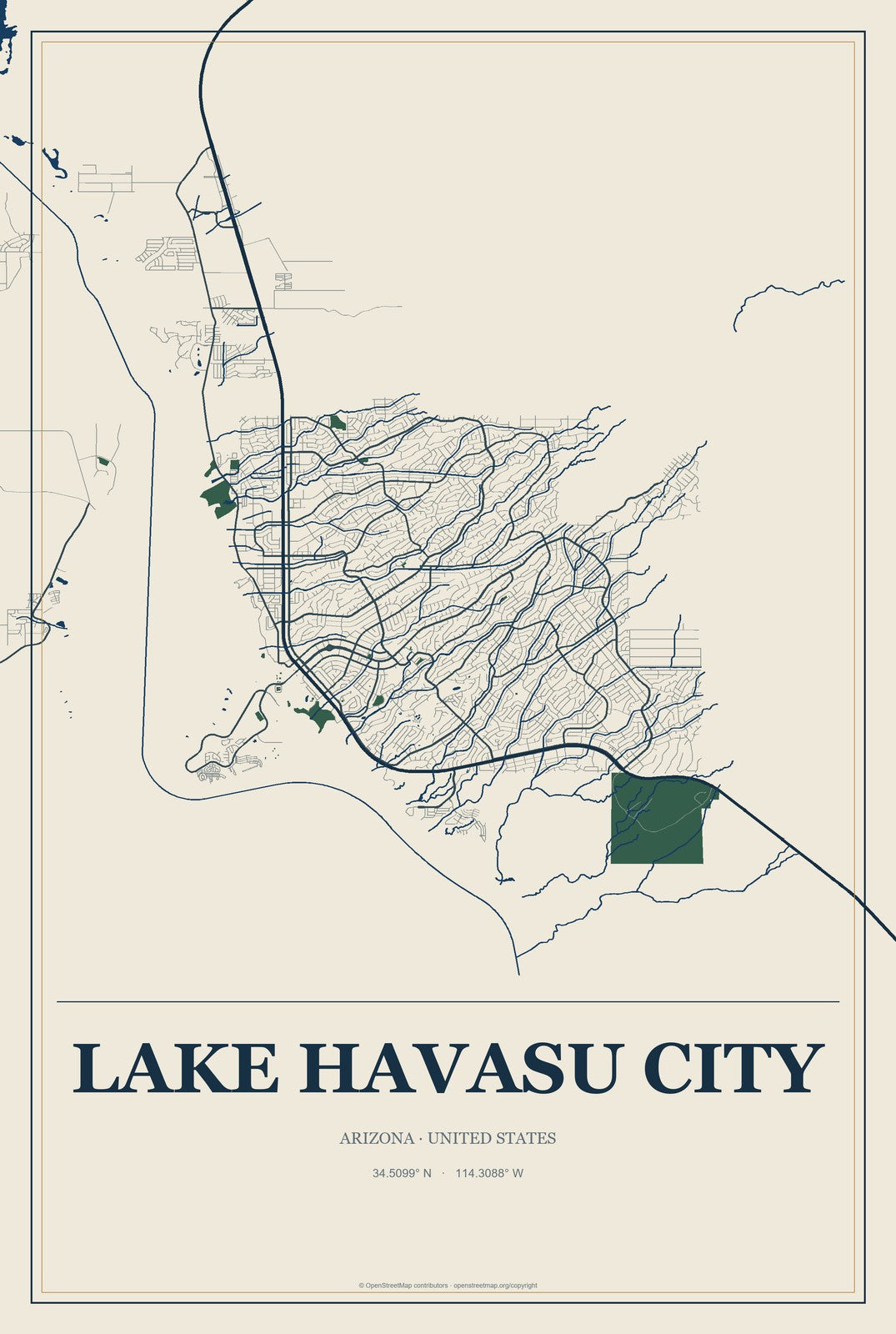 Lake Havasu City, Arizona City Map Aluminum Sign in Coastal Cutout style