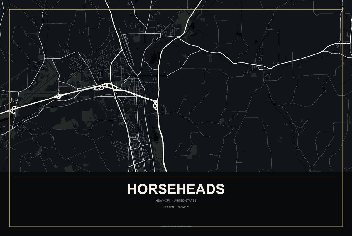 Horseheads, New York City Map Aluminum Sign in Metropolitan Noir style