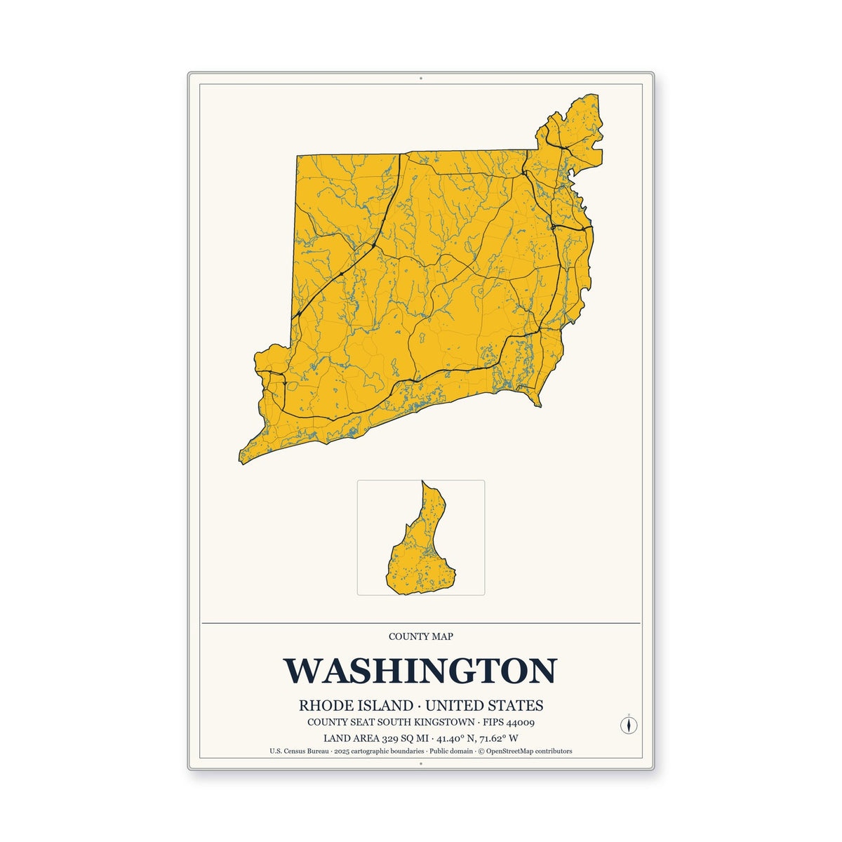 Washington County, Rhode Island Map Aluminum Sign in Citrine Modern style