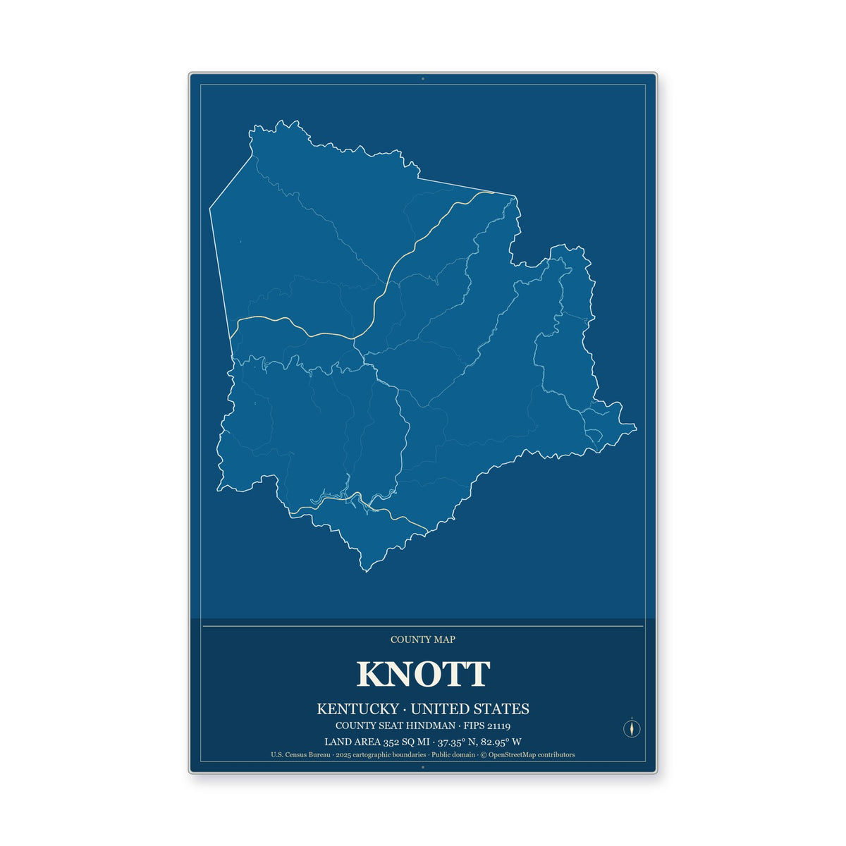 Knott County, Kentucky Map Aluminum Sign in Harbor Cobalt style