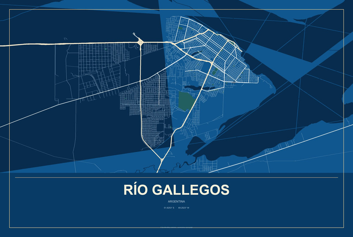 Río Gallegos, Argentina City Map Aluminum Sign in Harbor Cobalt style