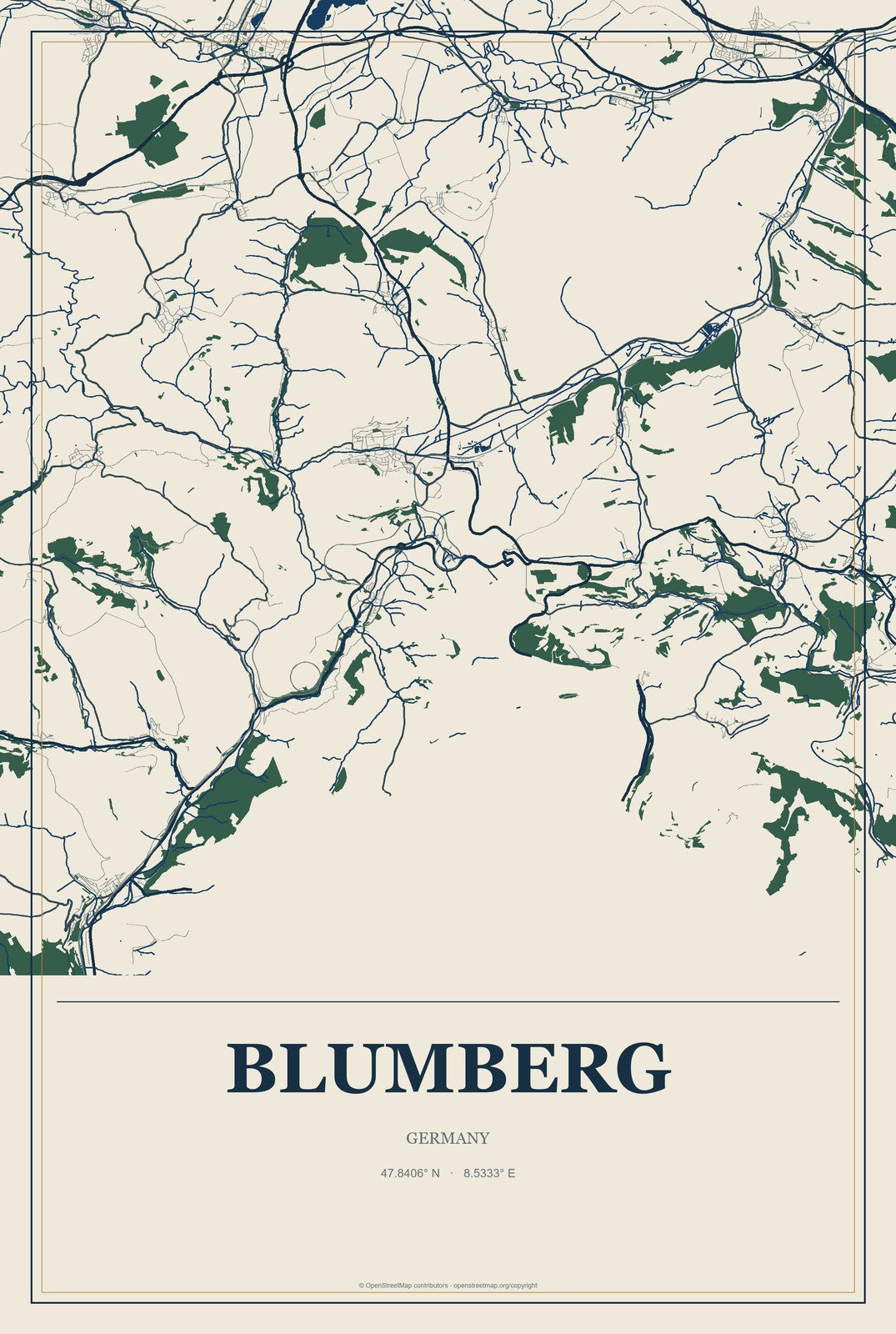 Blumberg, Germany City Map Aluminum Sign in Coastal Cutout style