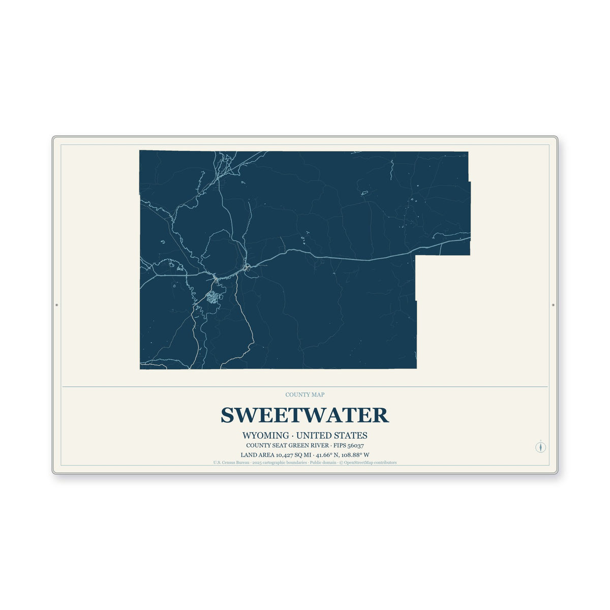 Sweetwater County, Wyoming Map Aluminum Sign in Coastal Cutout style